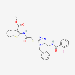 molecular formula C29H28FN5O4S2 B2614651 ethyl 2-(2-((4-benzyl-5-((2-fluorobenzamido)methyl)-4H-1,2,4-triazol-3-yl)thio)acetamido)-5,6-dihydro-4H-cyclopenta[b]thiophene-3-carboxylate CAS No. 393808-43-0