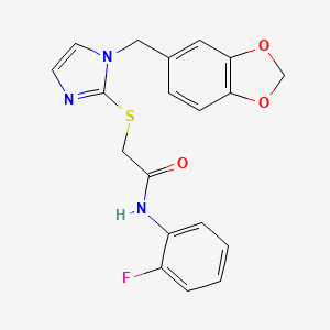 B2614768 2-[1-(1,3-benzodioxol-5-ylmethyl)imidazol-2-yl]sulfanyl-N-(2-fluorophenyl)acetamide CAS No. 893381-23-2
