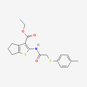 molecular formula C19H21NO3S2 B2614803 ethyl 2-(2-(p-tolylthio)acetamido)-5,6-dihydro-4H-cyclopenta[b]thiophene-3-carboxylate CAS No. 403843-77-6
