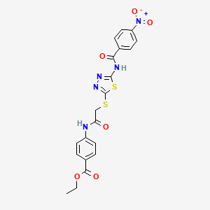 molecular formula C20H17N5O6S2 B2615001 ethyl 4-(2-{[5-(4-nitrobenzamido)-1,3,4-thiadiazol-2-yl]sulfanyl}acetamido)benzoate CAS No. 392293-21-9