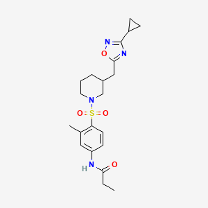molecular formula C21H28N4O4S B2615054 N-(4-((3-((3-cyclopropyl-1,2,4-oxadiazol-5-yl)methyl)piperidin-1-yl)sulfonyl)-3-methylphenyl)propionamide CAS No. 1706306-78-6