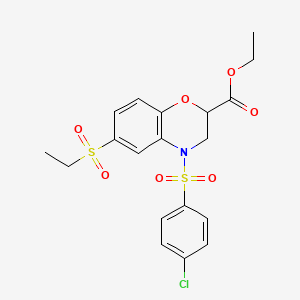molecular formula C19H20ClNO7S2 B2615116 ethyl 4-[(4-chlorophenyl)sulfonyl]-6-(ethylsulfonyl)-3,4-dihydro-2H-1,4-benzoxazine-2-carboxylate CAS No. 866051-00-5