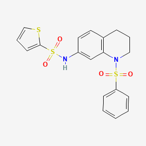 molecular formula C19H18N2O4S3 B2615353 N-[1-(benzenesulfonyl)-1,2,3,4-tetrahydroquinolin-7-yl]thiophene-2-sulfonamide CAS No. 951460-27-8