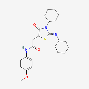 molecular formula C24H33N3O3S B2615499 (Z)-2-(3-cyclohexyl-2-(cyclohexylimino)-4-oxothiazolidin-5-yl)-N-(4-methoxyphenyl)acetamide CAS No. 315234-65-2