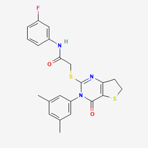 molecular formula C22H20FN3O2S2 B2616108 2-((3-(3,5-dimethylphenyl)-4-oxo-3,4,6,7-tetrahydrothieno[3,2-d]pyrimidin-2-yl)thio)-N-(3-fluorophenyl)acetamide CAS No. 877653-42-4