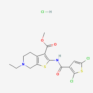 molecular formula C16H17Cl3N2O3S2 B2616308 Methyl 2-(2,5-dichlorothiophene-3-carboxamido)-6-ethyl-4,5,6,7-tetrahydrothieno[2,3-c]pyridine-3-carboxylate hydrochloride CAS No. 1330613-15-4