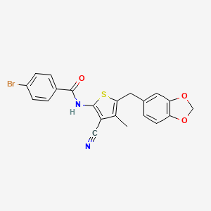 molecular formula C21H15BrN2O3S B2616455 N-{5-[(2H-1,3-benzodioxol-5-yl)methyl]-3-cyano-4-methylthiophen-2-yl}-4-bromobenzamide CAS No. 476367-09-6