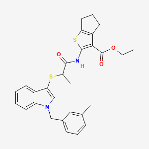 B2616501 ethyl 2-(2-((1-(3-methylbenzyl)-1H-indol-3-yl)thio)propanamido)-5,6-dihydro-4H-cyclopenta[b]thiophene-3-carboxylate CAS No. 681276-20-0