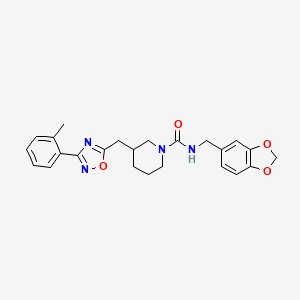 molecular formula C24H26N4O4 B2616579 N-(benzo[d][1,3]dioxol-5-ylmethyl)-3-((3-(o-tolyl)-1,2,4-oxadiazol-5-yl)methyl)piperidine-1-carboxamide CAS No. 1705129-98-1