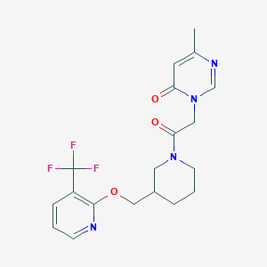 molecular formula C19H21F3N4O3 B2616657 6-Methyl-3-[2-oxo-2-[3-[[3-(trifluoromethyl)pyridin-2-yl]oxymethyl]piperidin-1-yl]ethyl]pyrimidin-4-one CAS No. 2379996-31-1