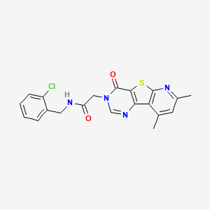 molecular formula C20H17ClN4O2S B2616726 N-[(2-chlorophenyl)methyl]-2-(11,13-dimethyl-6-oxo-8-thia-3,5,10-triazatricyclo[7.4.0.02,7]trideca-1(9),2(7),3,10,12-pentaen-5-yl)acetamide CAS No. 946385-71-3