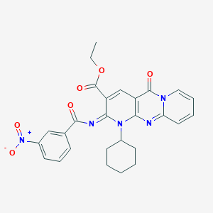 molecular formula C27H25N5O6 B2616966 ethyl 7-cyclohexyl-6-(3-nitrobenzoyl)imino-2-oxo-1,7,9-triazatricyclo[8.4.0.03,8]tetradeca-3(8),4,9,11,13-pentaene-5-carboxylate CAS No. 534579-18-5