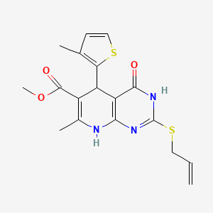 molecular formula C18H19N3O3S2 B2617054 Methyl 2-(allylthio)-7-methyl-5-(3-methyl-2-thienyl)-4-oxo-3,4,5,8-tetrahydropyrido[2,3-d]pyrimidine-6-carboxylate CAS No. 923873-17-0