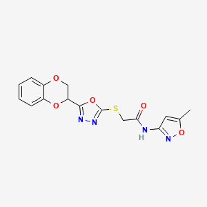 molecular formula C16H14N4O5S B2617070 2-{[5-(2,3-dihydro-1,4-benzodioxin-2-yl)-1,3,4-oxadiazol-2-yl]sulfanyl}-N-(5-methyl-1,2-oxazol-3-yl)acetamide CAS No. 851130-05-7