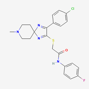 molecular formula C22H22ClFN4OS B2617174 2-{[3-(4-CHLOROPHENYL)-8-METHYL-1,4,8-TRIAZASPIRO[4.5]DECA-1,3-DIEN-2-YL]SULFANYL}-N-(4-FLUOROPHENYL)ACETAMIDE CAS No. 1184983-93-4