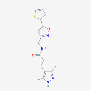 molecular formula C16H18N4O2S B2617207 3-(3,5-dimethyl-1H-pyrazol-4-yl)-N-((5-(thiophen-2-yl)isoxazol-3-yl)methyl)propanamide CAS No. 1286696-90-9