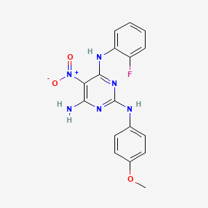 molecular formula C17H15FN6O3 B2617215 N4-(2-fluorophenyl)-N2-(4-methoxyphenyl)-5-nitropyrimidine-2,4,6-triamine CAS No. 674818-35-0