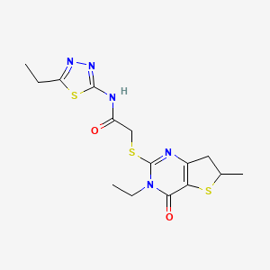 molecular formula C15H19N5O2S3 B2617270 2-[(3-ethyl-6-methyl-4-oxo-6,7-dihydrothieno[3,2-d]pyrimidin-2-yl)sulfanyl]-N-(5-ethyl-1,3,4-thiadiazol-2-yl)acetamide CAS No. 851409-26-2