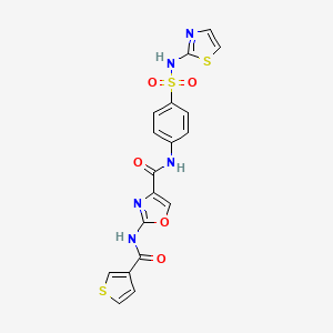 molecular formula C18H13N5O5S3 B2617300 N-(4-(N-(thiazol-2-yl)sulfamoyl)phenyl)-2-(thiophene-3-carboxamido)oxazole-4-carboxamide CAS No. 1421484-77-6
