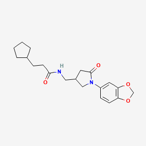 molecular formula C20H26N2O4 B2617301 N-((1-(benzo[d][1,3]dioxol-5-yl)-5-oxopyrrolidin-3-yl)methyl)-3-cyclopentylpropanamide CAS No. 955227-53-9