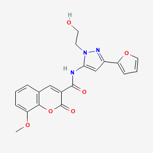molecular formula C20H17N3O6 B2617303 N-(3-(furan-2-yl)-1-(2-hydroxyethyl)-1H-pyrazol-5-yl)-8-methoxy-2-oxo-2H-chromene-3-carboxamide CAS No. 1219902-65-4