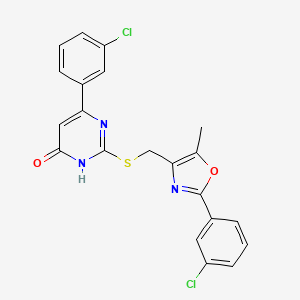 molecular formula C21H15Cl2N3O2S B2617304 6-(3-Chlorophenyl)-2-(((2-(3-chlorophenyl)-5-methyloxazol-4-yl)methyl)thio)pyrimidin-4-ol CAS No. 1223909-63-4