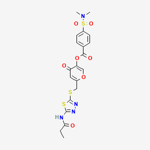 molecular formula C20H20N4O7S3 B2617316 4-oxo-6-(((5-propionamido-1,3,4-thiadiazol-2-yl)thio)methyl)-4H-pyran-3-yl 4-(N,N-dimethylsulfamoyl)benzoate CAS No. 896007-49-1