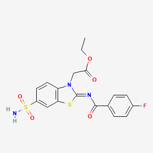 molecular formula C18H16FN3O5S2 B2617353 (Z)-ethyl 2-(2-((4-fluorobenzoyl)imino)-6-sulfamoylbenzo[d]thiazol-3(2H)-yl)acetate CAS No. 865247-54-7