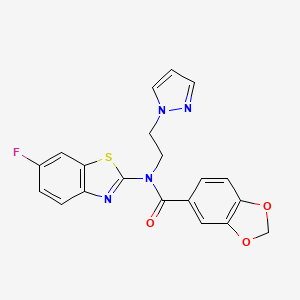molecular formula C20H15FN4O3S B2617426 N-(2-(1H-pyrazol-1-yl)ethyl)-N-(6-fluorobenzo[d]thiazol-2-yl)benzo[d][1,3]dioxole-5-carboxamide CAS No. 1172364-78-1