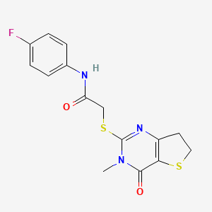 molecular formula C15H14FN3O2S2 B2617445 N-(4-fluorophenyl)-2-[(3-methyl-4-oxo-6,7-dihydrothieno[3,2-d]pyrimidin-2-yl)sulfanyl]acetamide CAS No. 893358-45-7