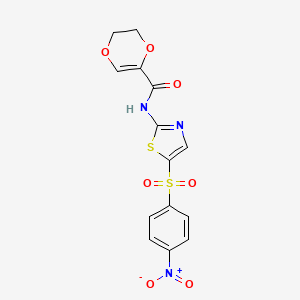 molecular formula C14H11N3O7S2 B2617450 N-(5-((4-nitrophenyl)sulfonyl)thiazol-2-yl)-5,6-dihydro-1,4-dioxine-2-carboxamide CAS No. 864937-92-8