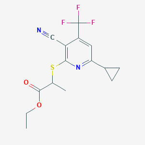 molecular formula C15H15F3N2O2S B2617538 Ethyl 2-{[3-cyano-6-cyclopropyl-4-(trifluoromethyl)-2-pyridinyl]sulfanyl}propanoate CAS No. 625376-64-9