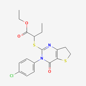 molecular formula C18H19ClN2O3S2 B2617823 ethyl 2-{[3-(4-chlorophenyl)-4-oxo-3H,4H,6H,7H-thieno[3,2-d]pyrimidin-2-yl]sulfanyl}butanoate CAS No. 687565-19-1