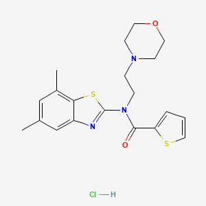 molecular formula C20H24ClN3O2S2 B2617845 N-(5,7-DIMETHYL-1,3-BENZOTHIAZOL-2-YL)-N-[2-(MORPHOLIN-4-YL)ETHYL]THIOPHENE-2-CARBOXAMIDE HYDROCHLORIDE CAS No. 1215510-93-2