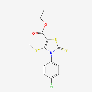 molecular formula C13H12ClNO2S3 B2617873 Ethyl 3-(4-chlorophenyl)-4-(methylsulfanyl)-2-thioxo-2,3-dihydro-1,3-thiazole-5-carboxylate CAS No. 866136-39-2