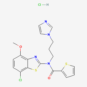 molecular formula C19H18Cl2N4O2S2 B2617943 N-(3-(1H-imidazol-1-yl)propyl)-N-(7-chloro-4-methoxybenzo[d]thiazol-2-yl)thiophene-2-carboxamide hydrochloride CAS No. 1215824-23-9