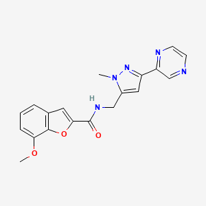 molecular formula C19H17N5O3 B2618191 7-methoxy-N-((1-methyl-3-(pyrazin-2-yl)-1H-pyrazol-5-yl)methyl)benzofuran-2-carboxamide CAS No. 2034457-43-5