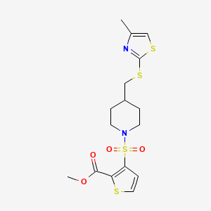 molecular formula C16H20N2O4S4 B2618289 Methyl 3-((4-(((4-methylthiazol-2-yl)thio)methyl)piperidin-1-yl)sulfonyl)thiophene-2-carboxylate CAS No. 1428363-53-4