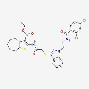 molecular formula C31H31Cl2N3O4S2 B2618414 ethyl 2-(2-((1-(2-(2,4-dichlorobenzamido)ethyl)-1H-indol-3-yl)thio)acetamido)-5,6,7,8-tetrahydro-4H-cyclohepta[b]thiophene-3-carboxylate CAS No. 532975-68-1