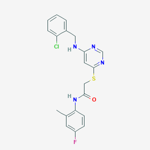 molecular formula C20H18ClFN4OS B2618428 2-[(6-{[(2-chlorophenyl)methyl]amino}pyrimidin-4-yl)sulfanyl]-N-(4-fluoro-2-methylphenyl)acetamide CAS No. 1251693-52-3