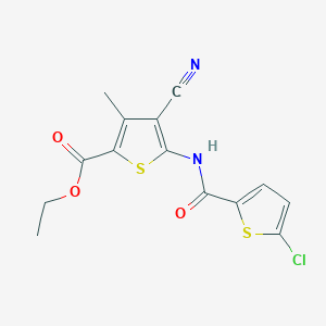 molecular formula C14H11ClN2O3S2 B2618703 ethyl 5-(5-chlorothiophene-2-amido)-4-cyano-3-methylthiophene-2-carboxylate CAS No. 896325-37-4