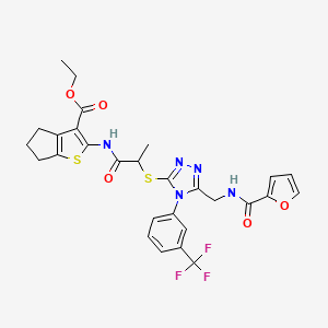 molecular formula C28H26F3N5O5S2 B2618810 ETHYL 2-{2-[(5-{[(FURAN-2-YL)FORMAMIDO]METHYL}-4-[3-(TRIFLUOROMETHYL)PHENYL]-4H-1,2,4-TRIAZOL-3-YL)SULFANYL]PROPANAMIDO}-4H,5H,6H-CYCLOPENTA[B]THIOPHENE-3-CARBOXYLATE CAS No. 393817-57-7