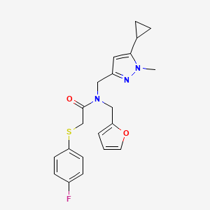 molecular formula C21H22FN3O2S B2619088 N-((5-cyclopropyl-1-methyl-1H-pyrazol-3-yl)methyl)-2-((4-fluorophenyl)thio)-N-(furan-2-ylmethyl)acetamide CAS No. 1787880-11-8