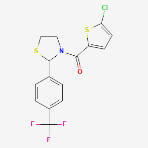 molecular formula C15H11ClF3NOS2 B2619174 (5-Chlorothiophen-2-yl)(2-(4-(trifluoromethyl)phenyl)thiazolidin-3-yl)methanone CAS No. 2034262-85-4