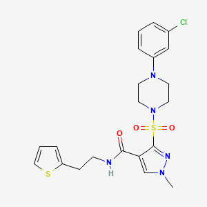 molecular formula C21H24ClN5O3S2 B2619192 3-{[4-(3-chlorophenyl)piperazin-1-yl]sulfonyl}-1-methyl-N-[2-(thiophen-2-yl)ethyl]-1H-pyrazole-4-carboxamide CAS No. 1185028-46-9