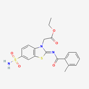 molecular formula C19H19N3O5S2 B2619338 ethyl 2-[(2Z)-2-[(2-methylbenzoyl)imino]-6-sulfamoyl-2,3-dihydro-1,3-benzothiazol-3-yl]acetate CAS No. 865248-14-2