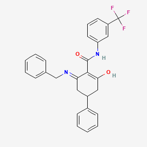 molecular formula C27H23F3N2O2 B2619368 (2-oxo-4-phenyl-6-(benzylamino)cyclohex-1-enyl)-N-(3-(trifluoromethyl)phenyl)formamide CAS No. 1022461-40-0