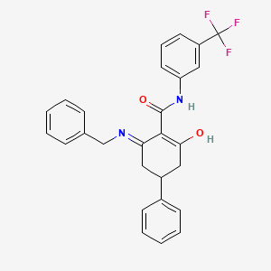 (2-oxo-4-phenyl-6-(benzylamino)cyclohex-1-enyl)-N-(3-(trifluoromethyl)phenyl)formamide