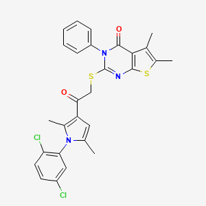 molecular formula C28H23Cl2N3O2S2 B2619371 2-({2-[1-(2,5-dichlorophenyl)-2,5-dimethyl-1H-pyrrol-3-yl]-2-oxoethyl}sulfanyl)-5,6-dimethyl-3-phenyl-3H,4H-thieno[2,3-d]pyrimidin-4-one CAS No. 671200-19-4