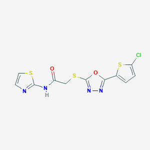 molecular formula C11H7ClN4O2S3 B2619390 2-((5-(5-chlorothiophen-2-yl)-1,3,4-oxadiazol-2-yl)thio)-N-(thiazol-2-yl)acetamide CAS No. 850937-45-0